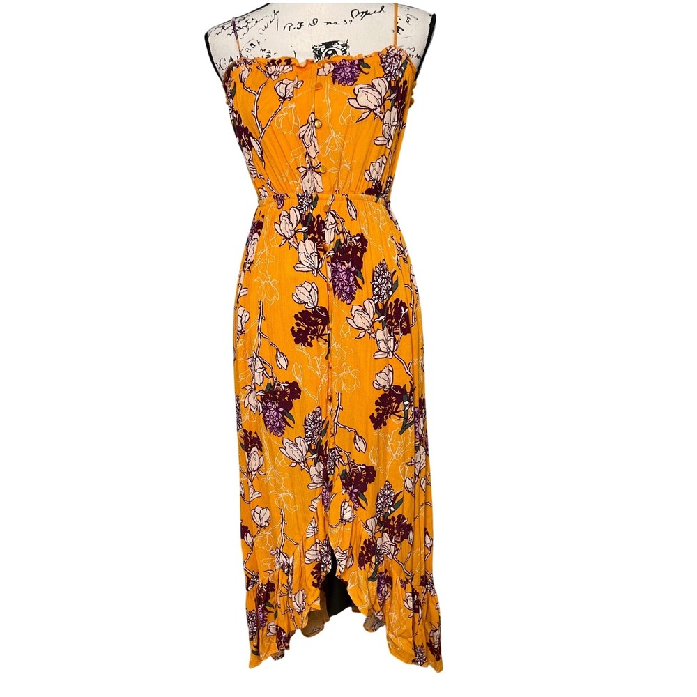 One‎ Clothing Floral Midi Dress Womens Small Yellow Excellent Boho Ruffle